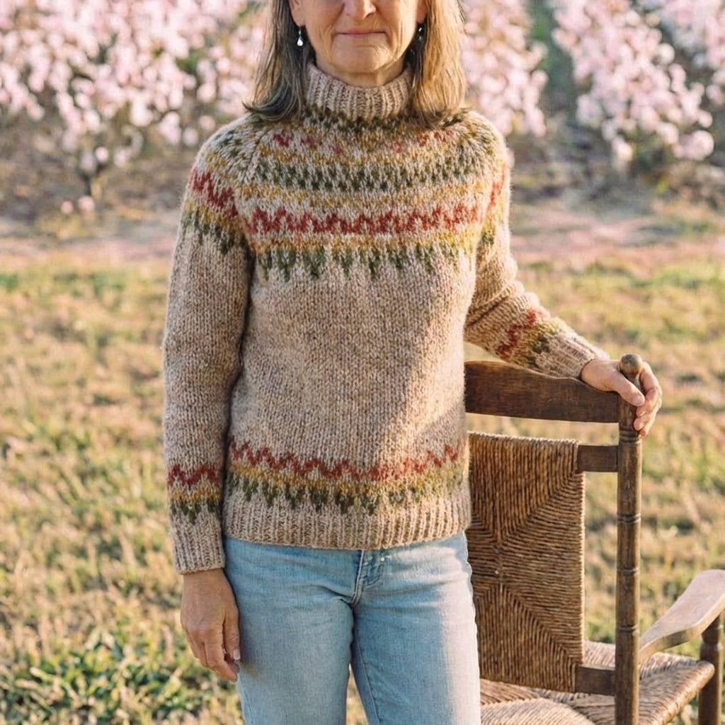 Cotton Sweater with Brown Fair Isle Yoke
