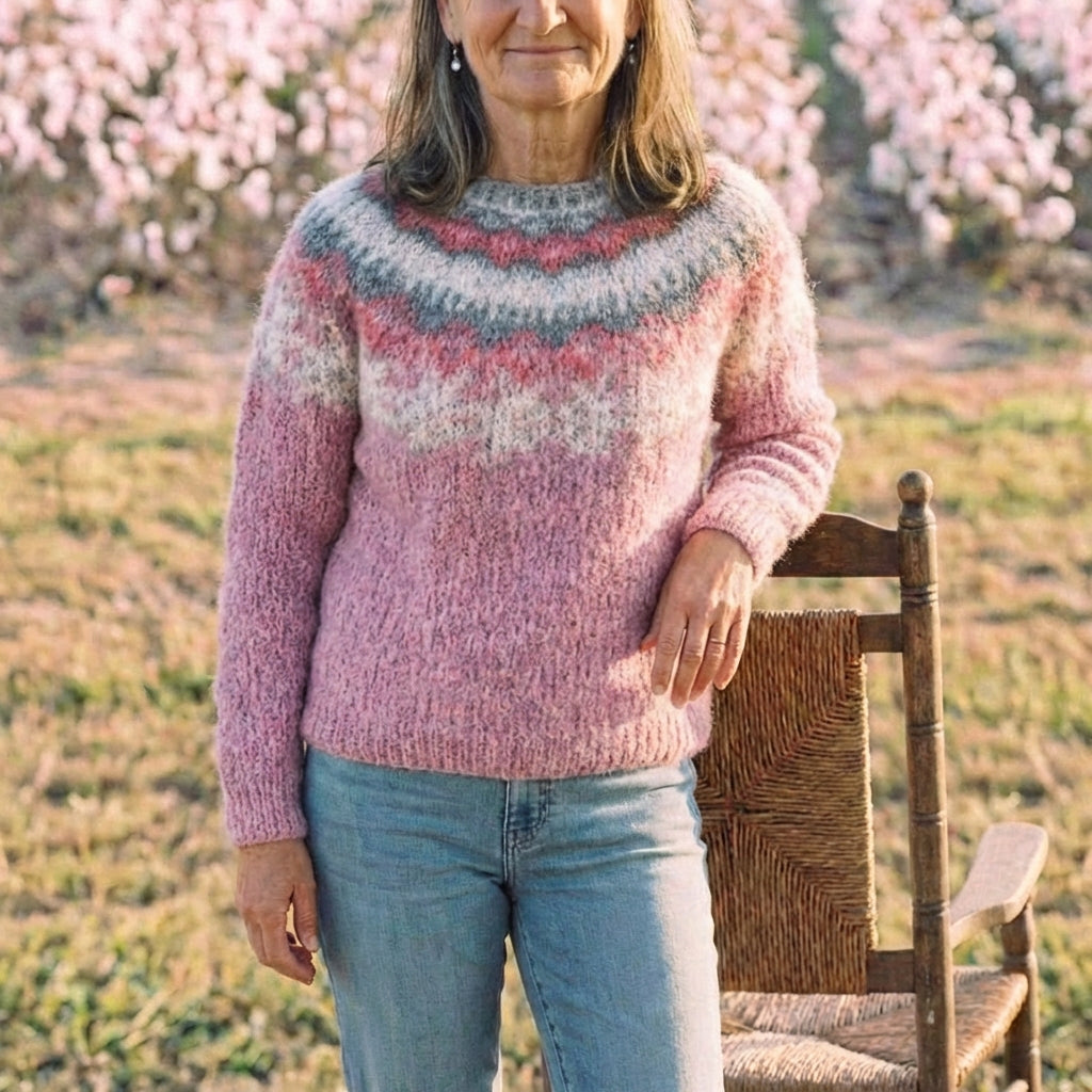 Cotton Mohair Sweater Pink with Nordic Yoke