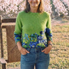 Cotton Sweater Green with Blue Flower Pattern