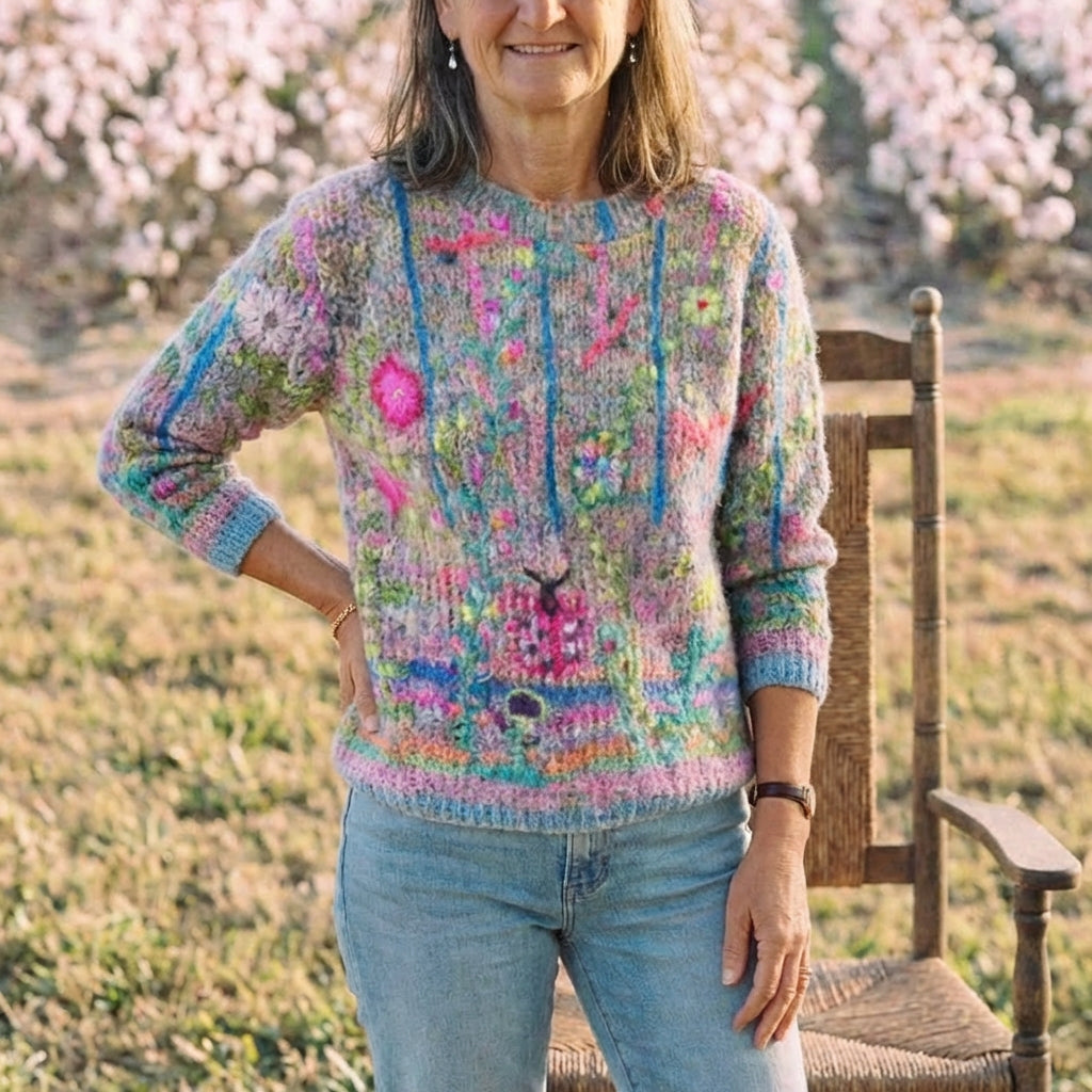Cotton Sweater with Abstract Pattern Pink-Turquoise
