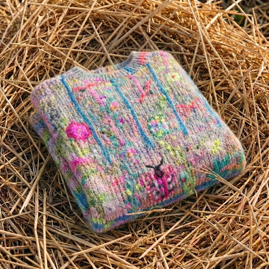 Cotton Sweater with Abstract Pattern Pink-Turquoise