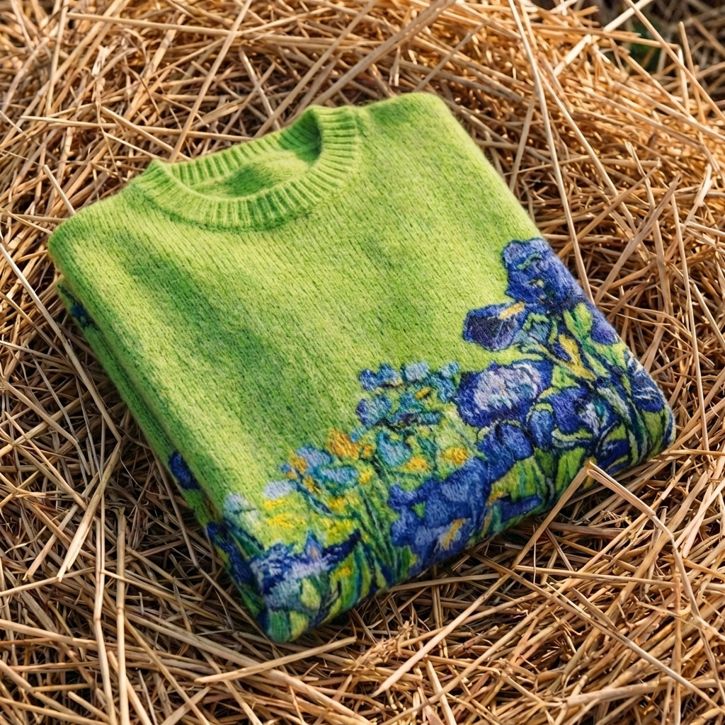 Cotton Sweater Green with Blue Flower Pattern