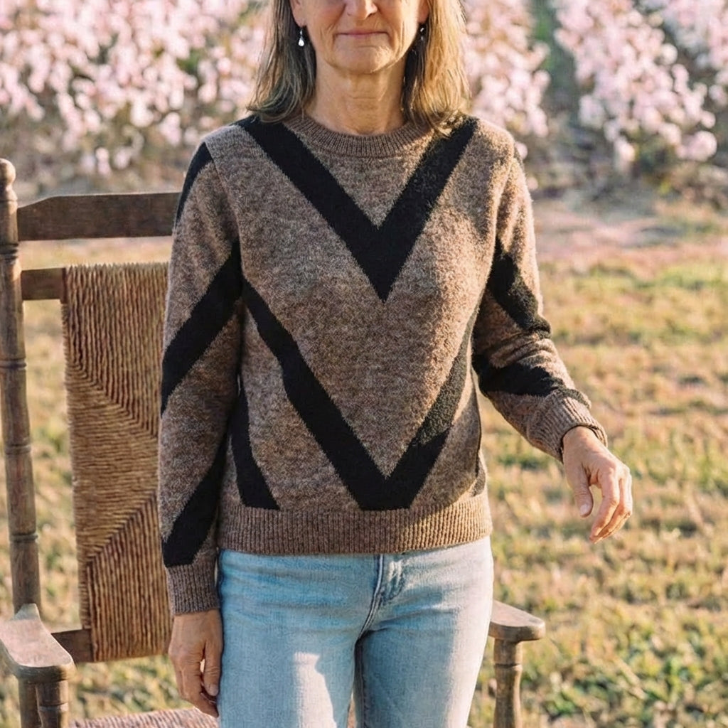 Cotton Sweater with Chevron V-Pattern