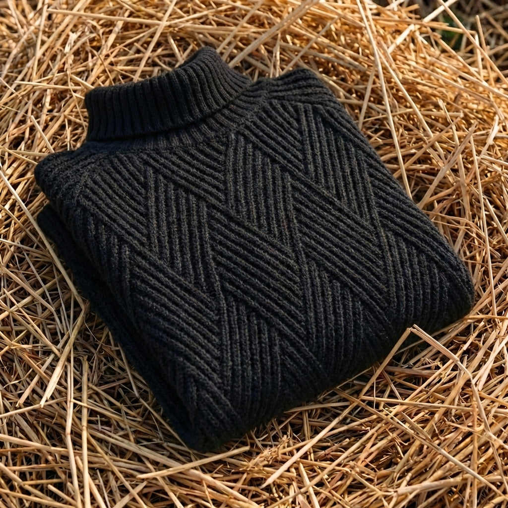 Cotton Chunky Sweater Black with V-Structure