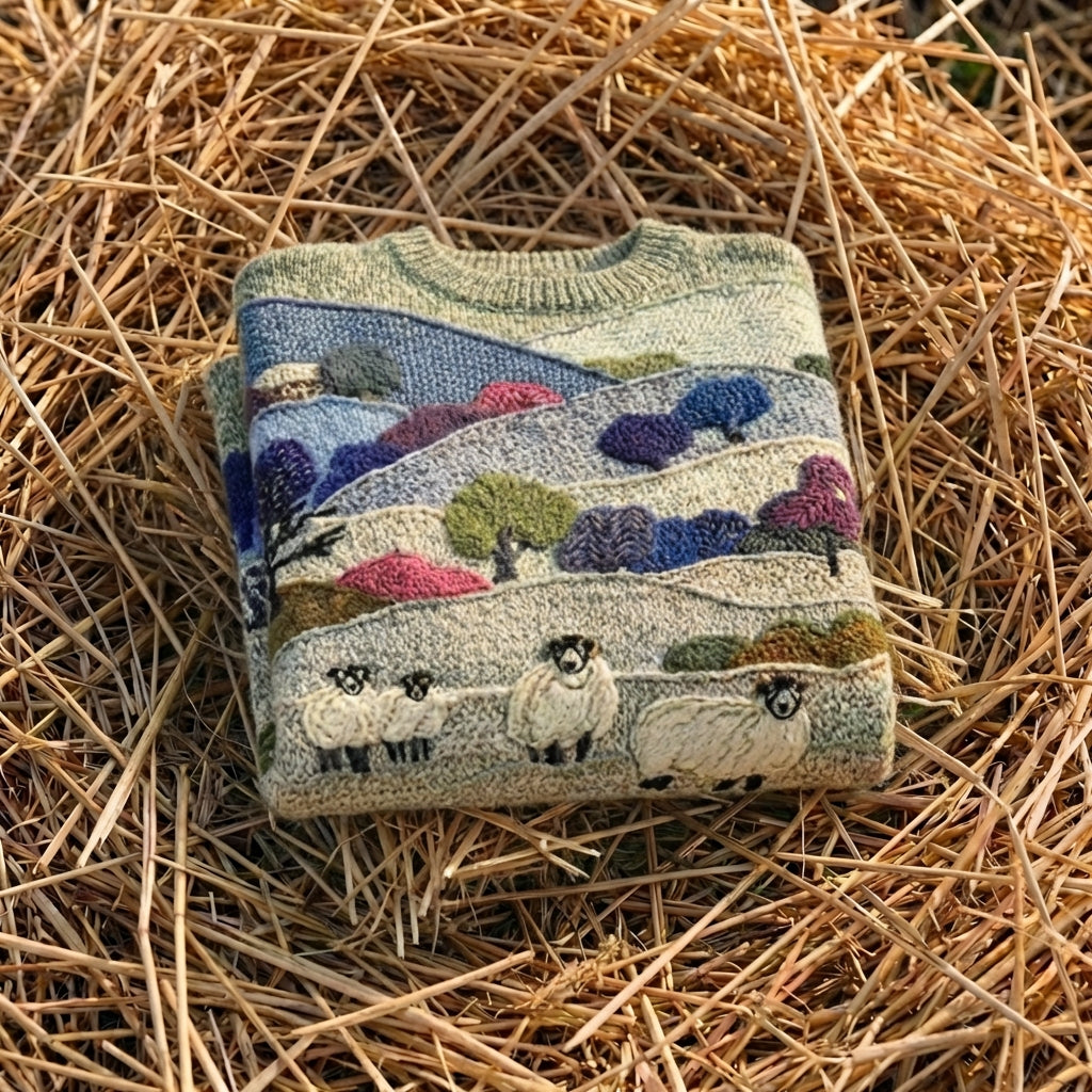 Cotton Sweater Blue & Green with Landscape & Sheep Pattern