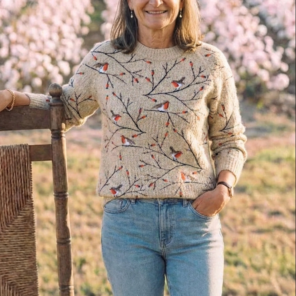 Cotton Sweater Cream with Robin & Branches Pattern