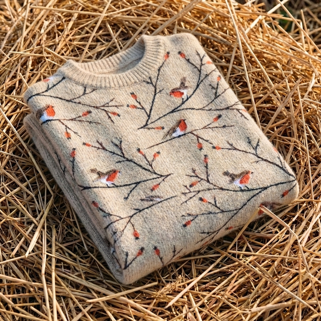 Cotton Sweater Cream with Robin & Branches Pattern