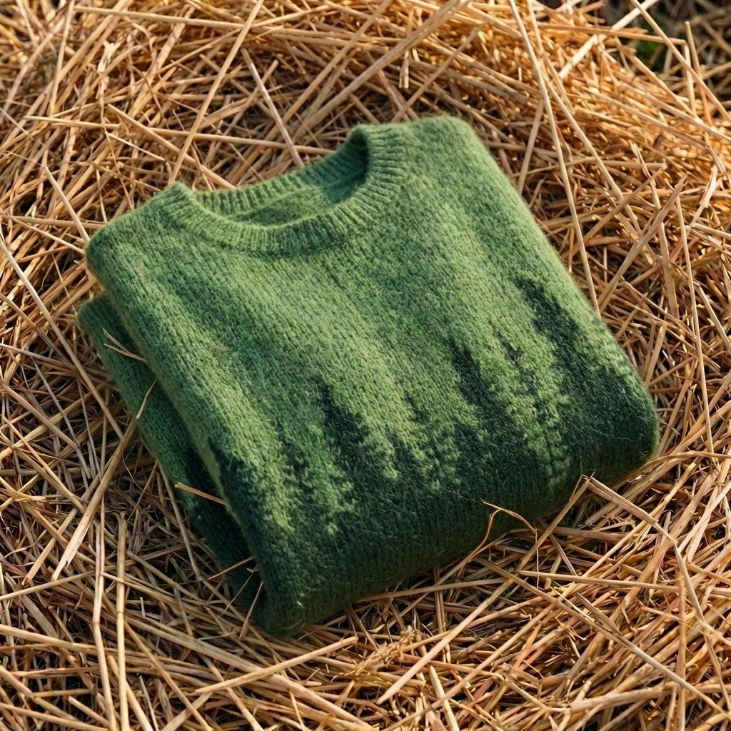 Cotton Mohair Sweater Green with Pine Tree Pattern