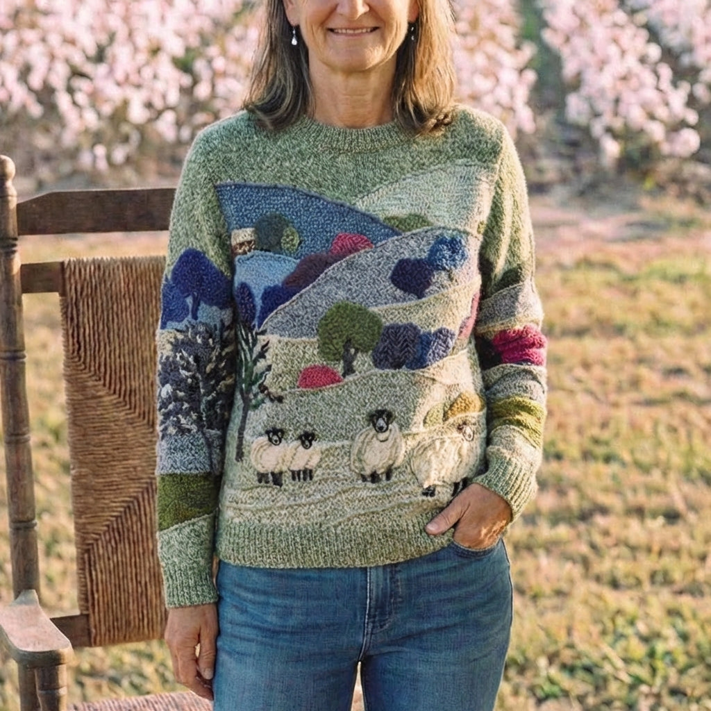 Cotton Sweater Blue & Green with Landscape & Sheep Pattern