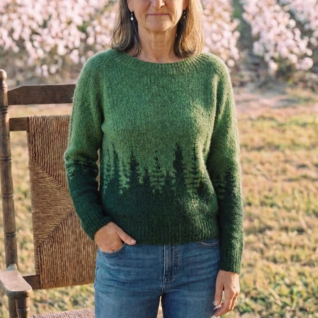 Cotton Mohair Sweater Green with Pine Tree Pattern