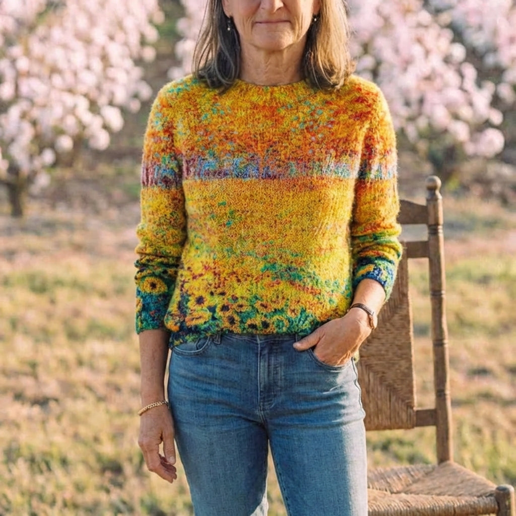 Cotton Sweater with Autumn Floral Pattern Orange