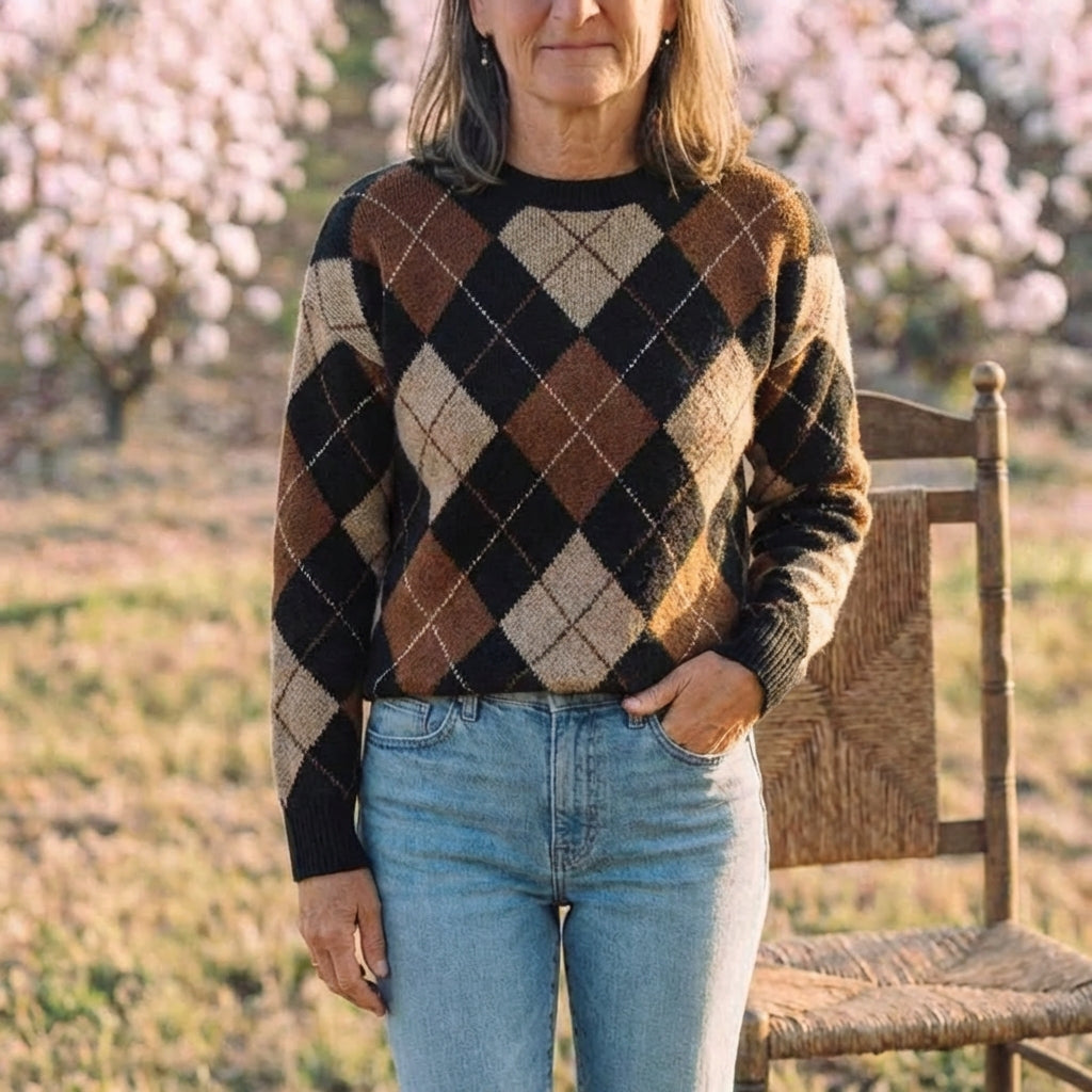 Cotton Sweater with Diamond Pattern Brown-Black