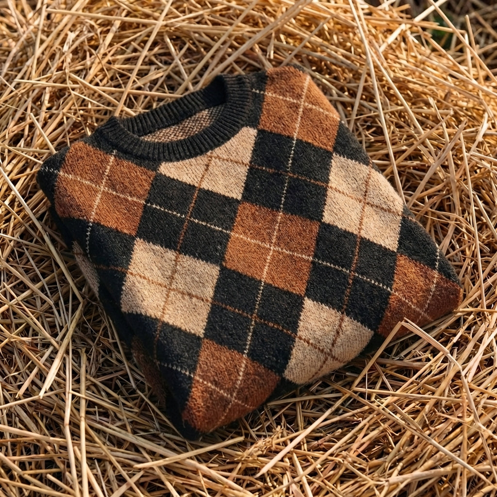 Cotton Sweater with Diamond Pattern Brown-Black