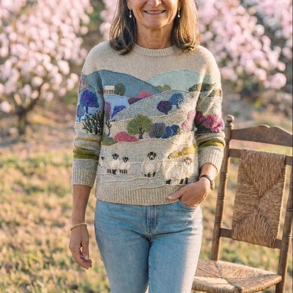 Cotton Sweater Multicolor with Landscape & Sheep Pattern