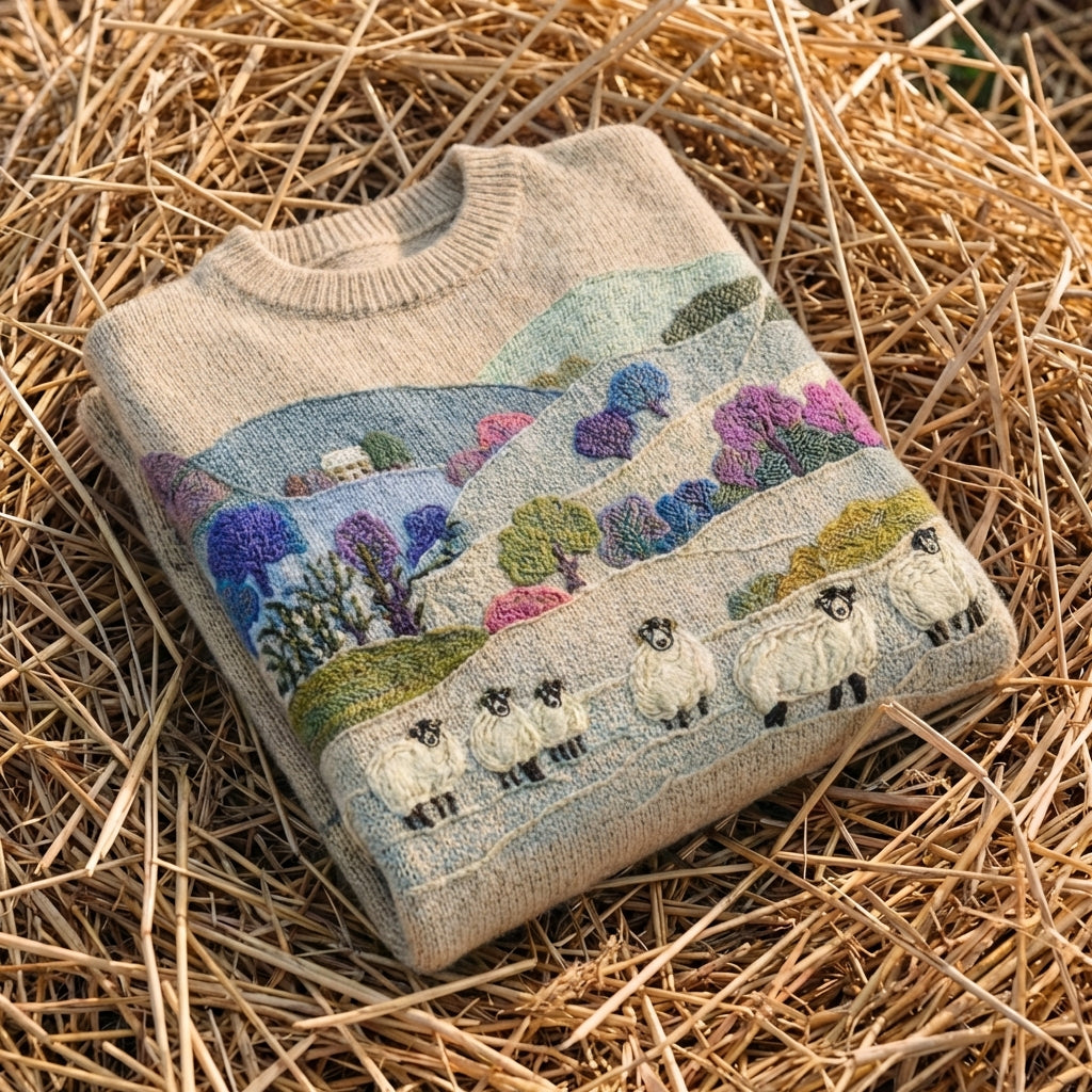Cotton Sweater Multicolor with Landscape & Sheep Pattern