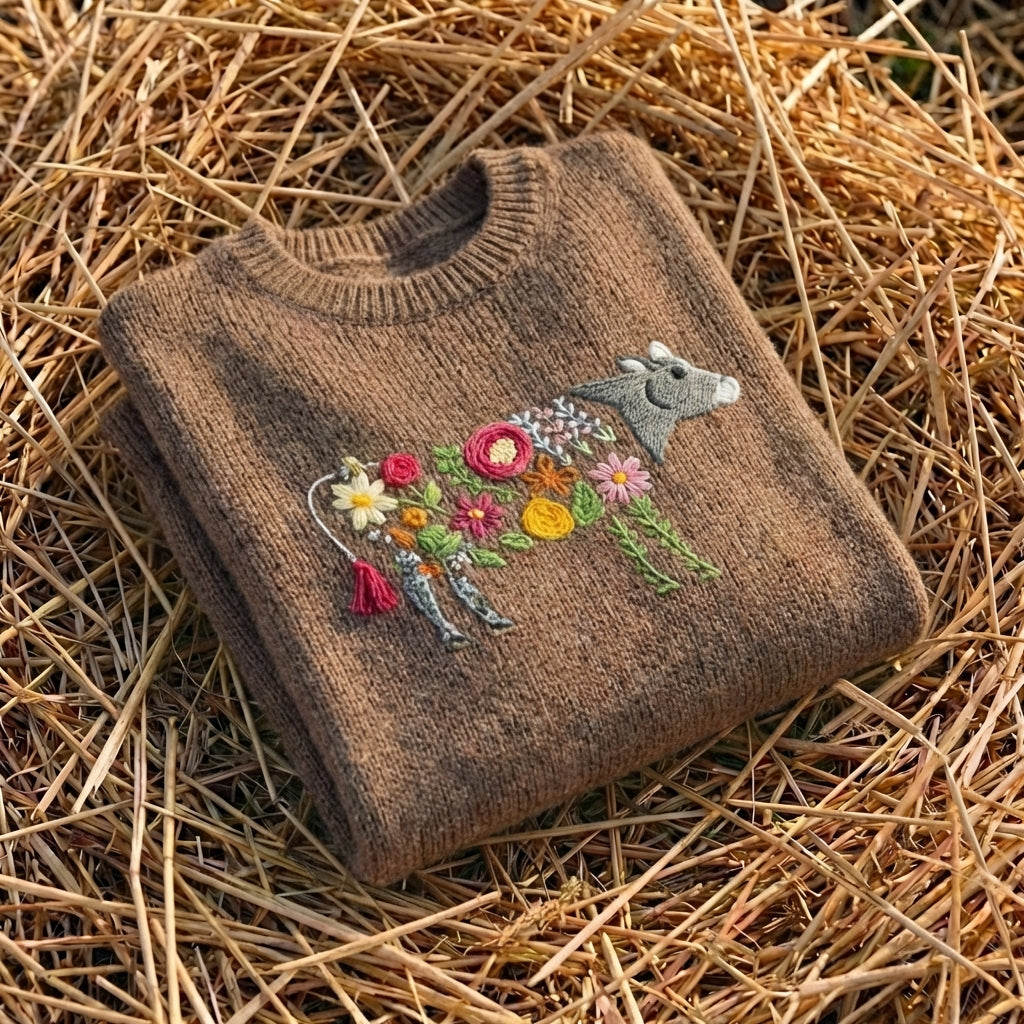 Cotton Sweater Brown with Cow & Floral Garden Pattern