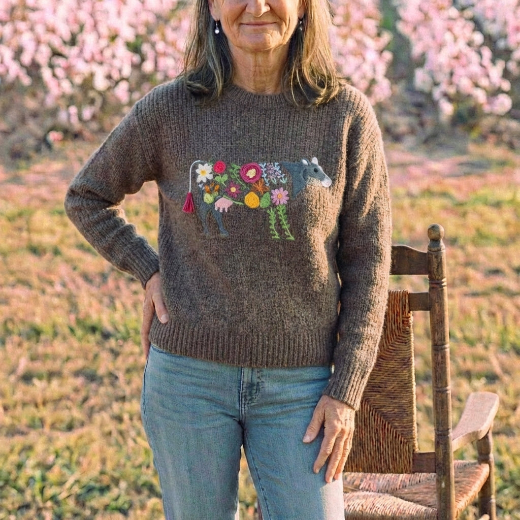 Cotton Sweater Brown with Cow & Floral Garden Pattern