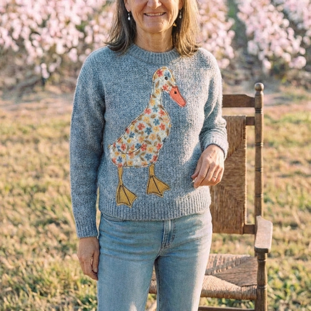 Cotton Sweater Blue with Duck with Floral Pattern