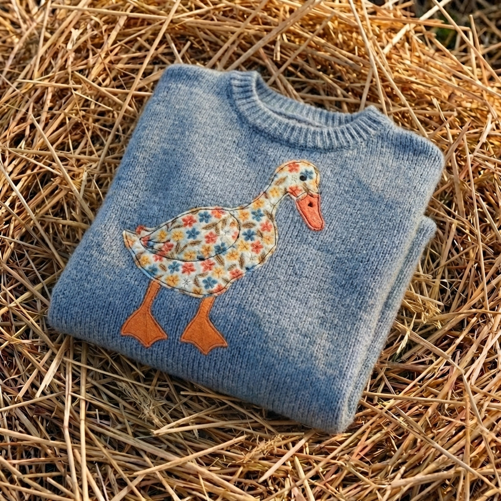 Cotton Sweater Blue with Duck with Floral Pattern