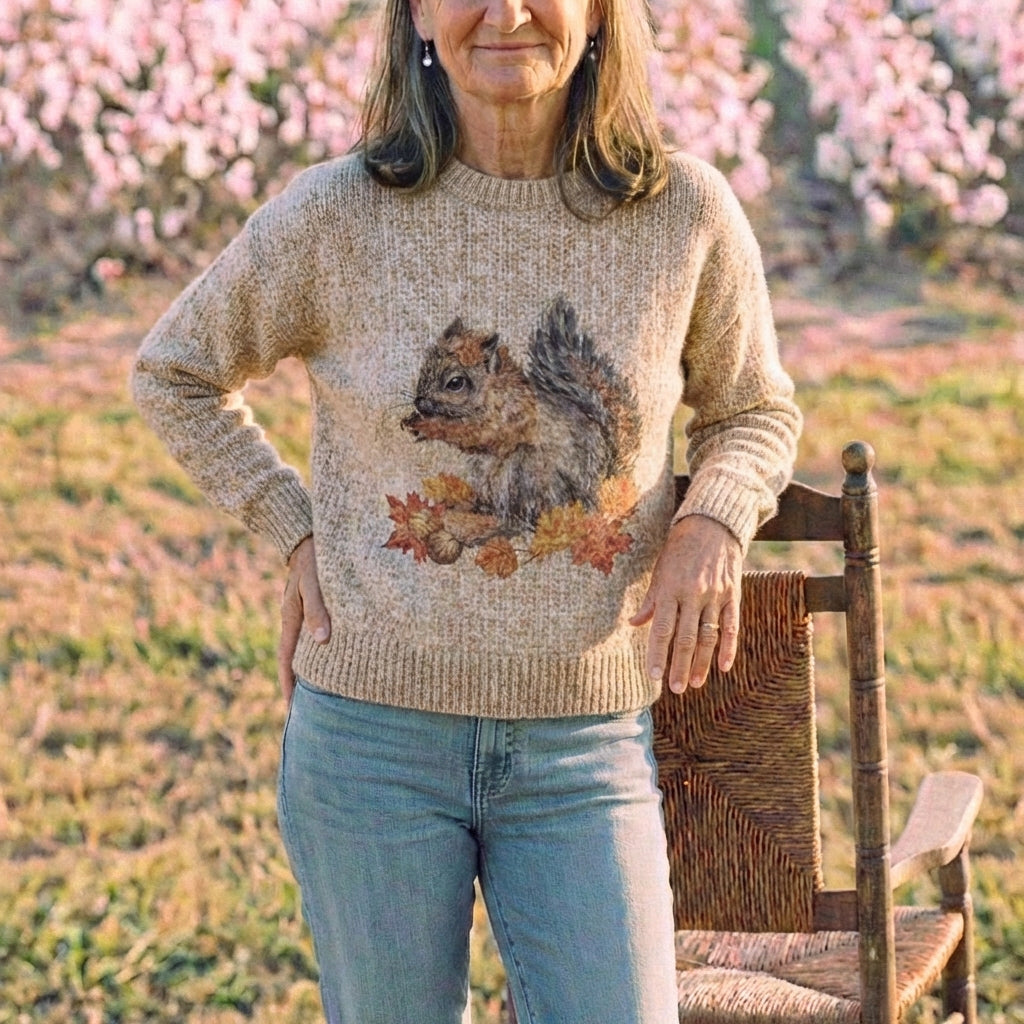 Cotton Sweater Cream with Squirrel & Autumn Leaves