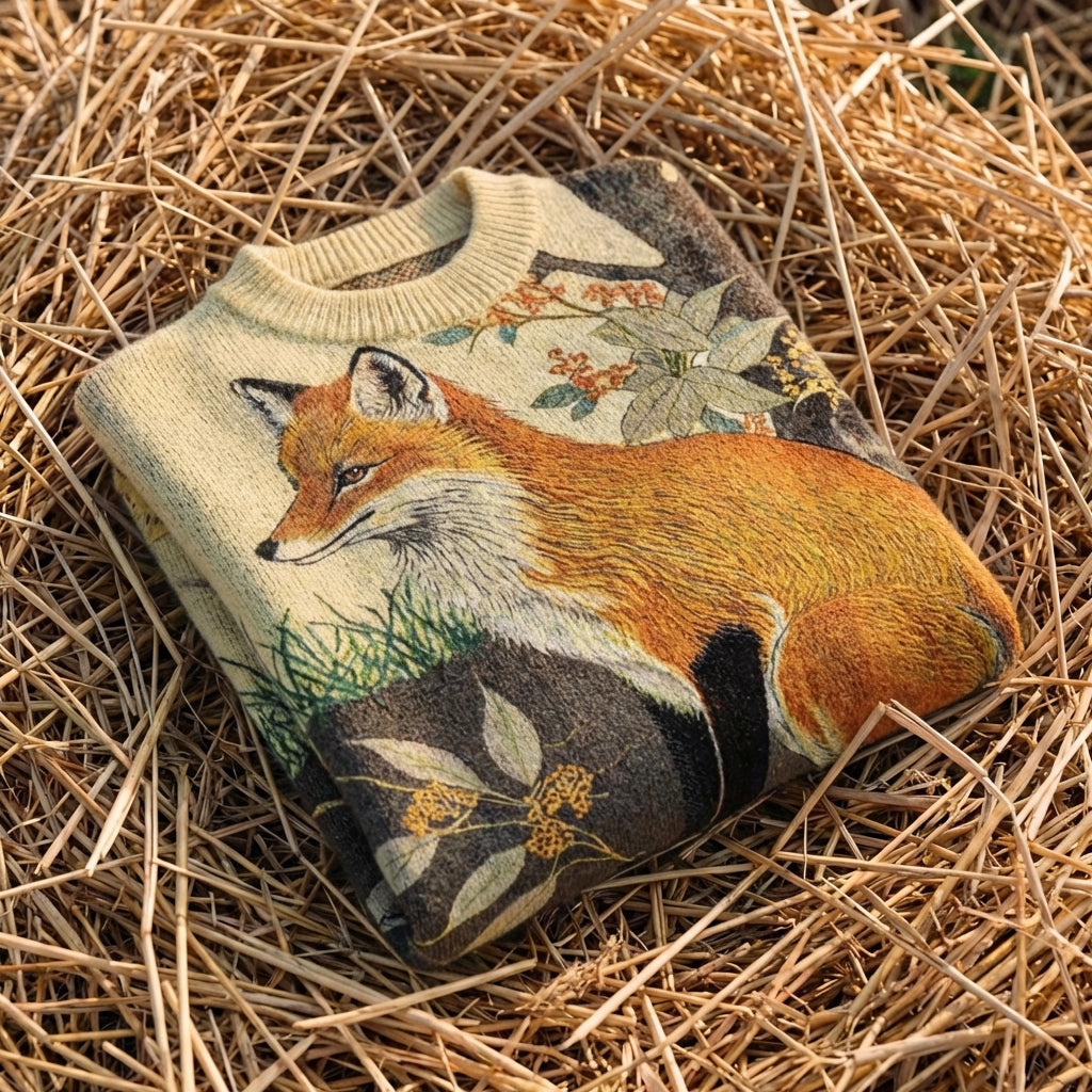 Cotton Sweater Cream with Fox Design