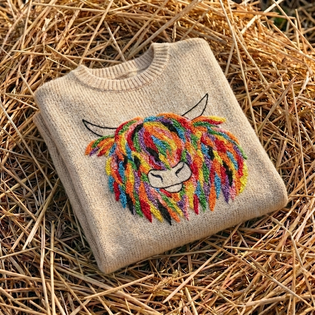 Cotton Sweater Cream with Rainbow Cow Design