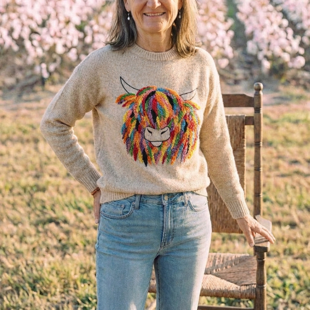 Cotton Sweater Cream with Rainbow Cow Design