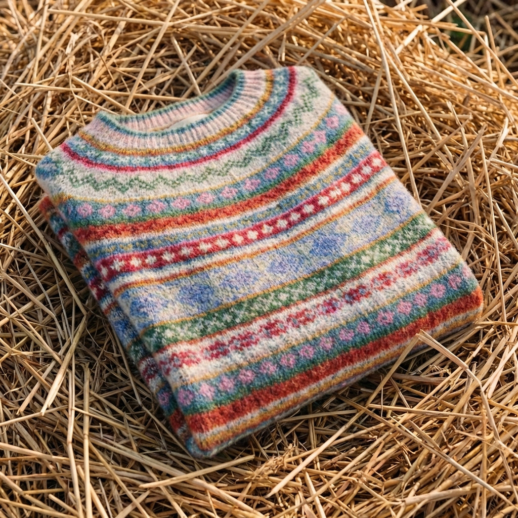 Cotton Sweater with Multi-Color Ethnic Stripes