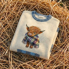 Cotton Sweater Light Blue & Cream with Highland Cow Pattern
