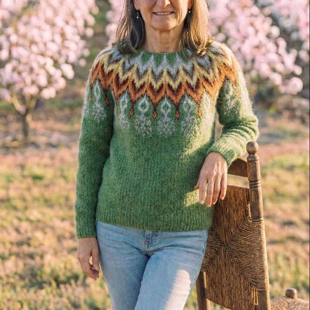 Cotton Sweater Green with Chevron V-Pattern