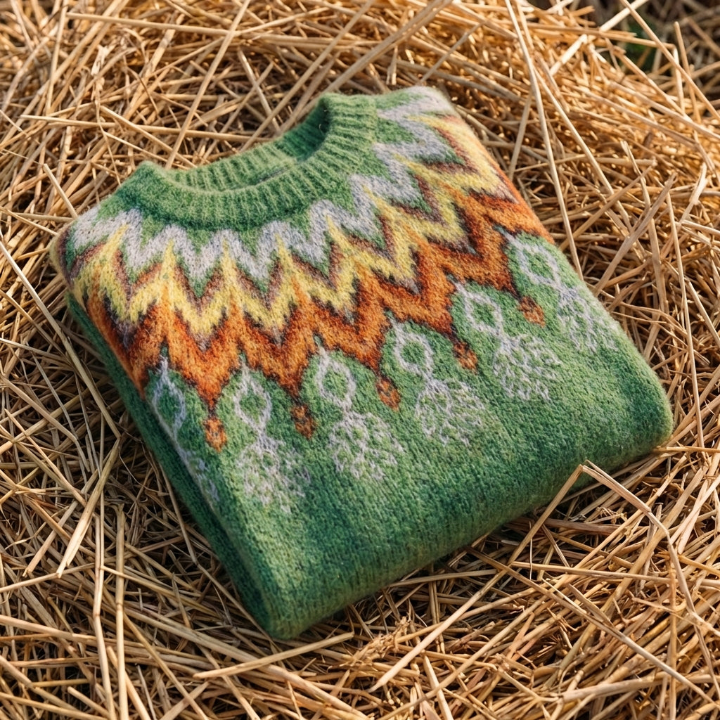 Cotton Sweater Green with Chevron V-Pattern
