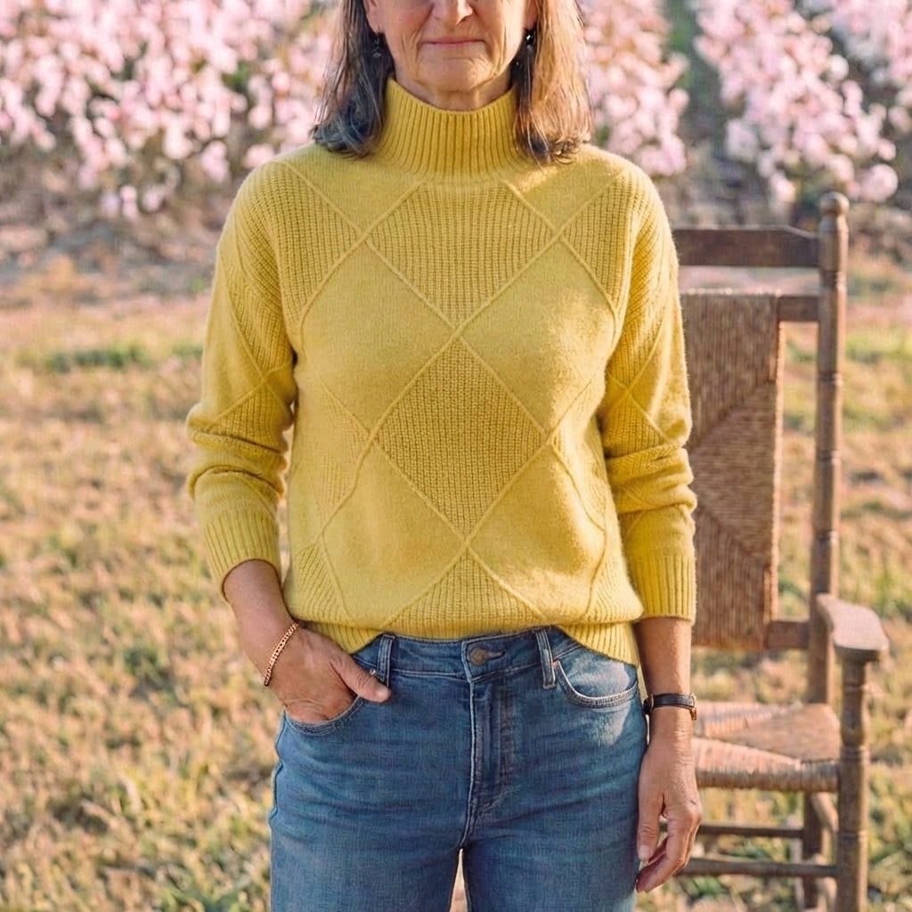 Cotton Sweater with Woven Diamond Structure