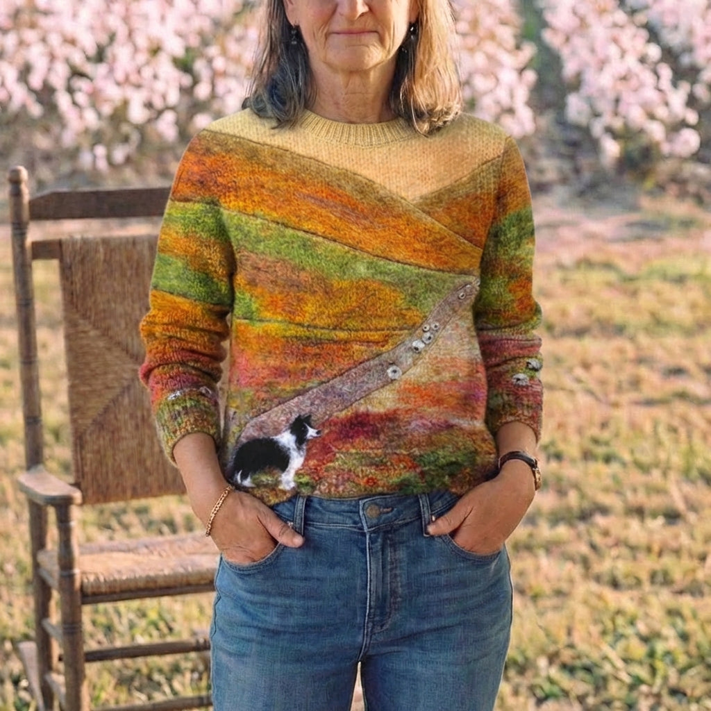 Cotton Sweater Multicolor Landscape with Dog and Sheep