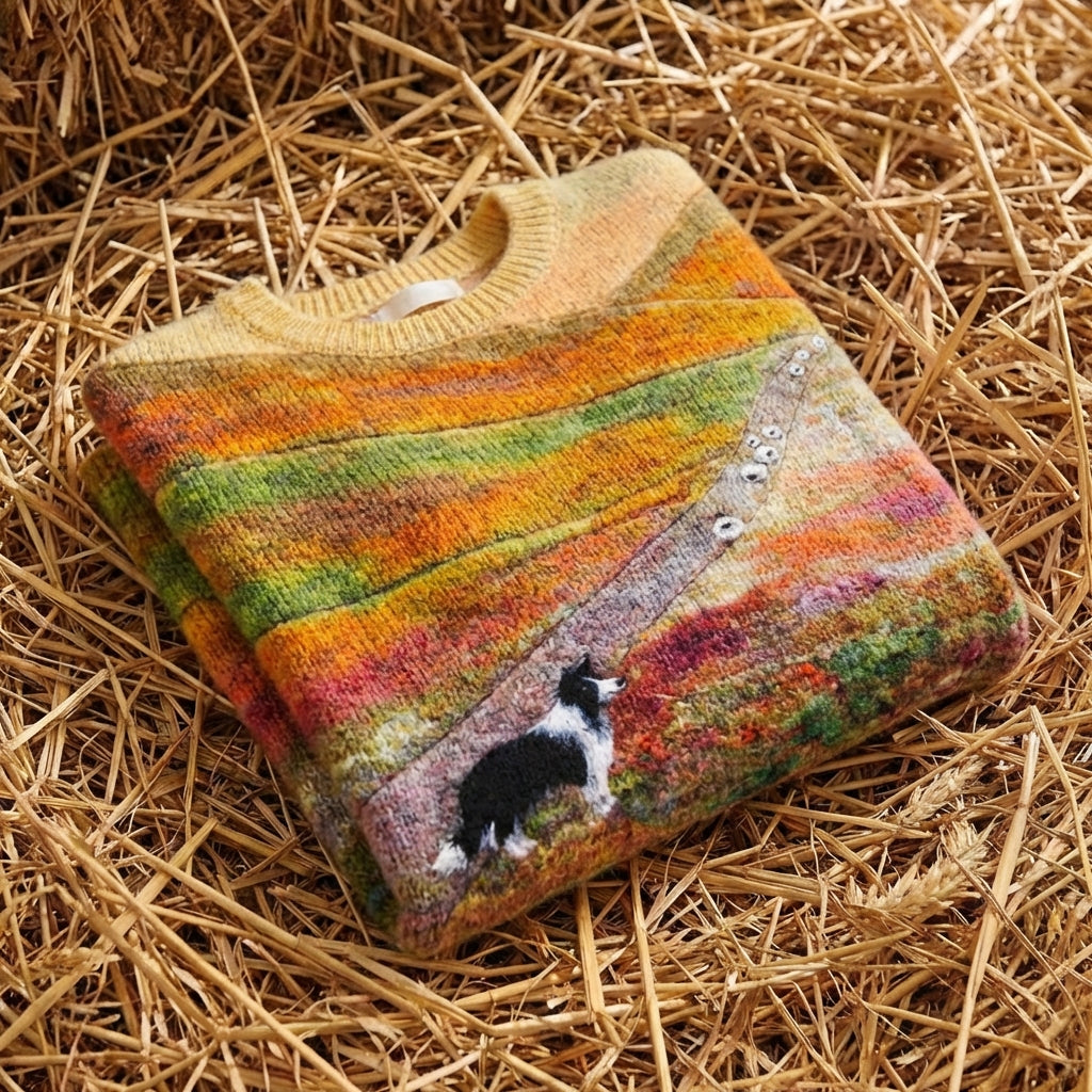 Cotton Sweater Multicolor Landscape with Dog and Sheep