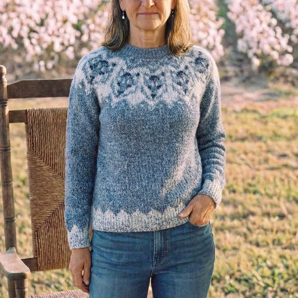 Cotton Sweater Blue with Wolf Pattern