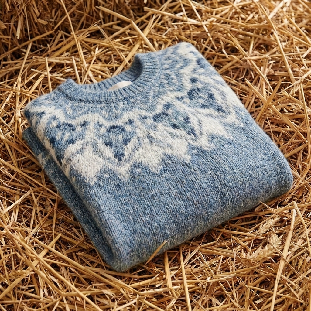 Cotton Sweater Blue with Wolf Pattern