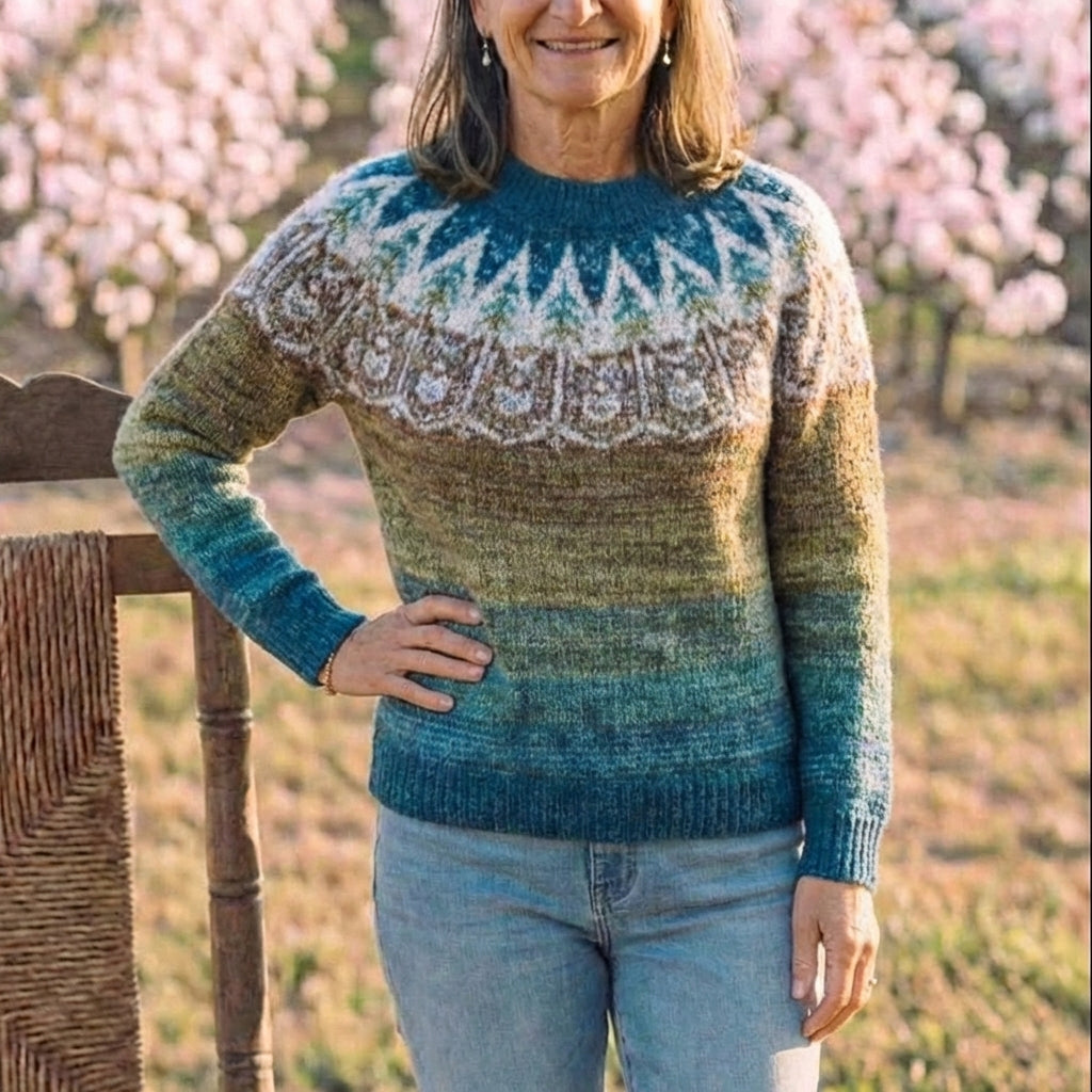 Cotton Sweater with Gradient Nordic Pattern Blue