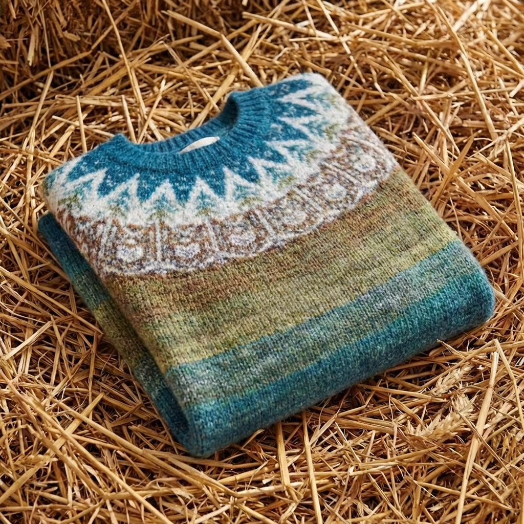 Cotton Sweater with Gradient Nordic Pattern Blue