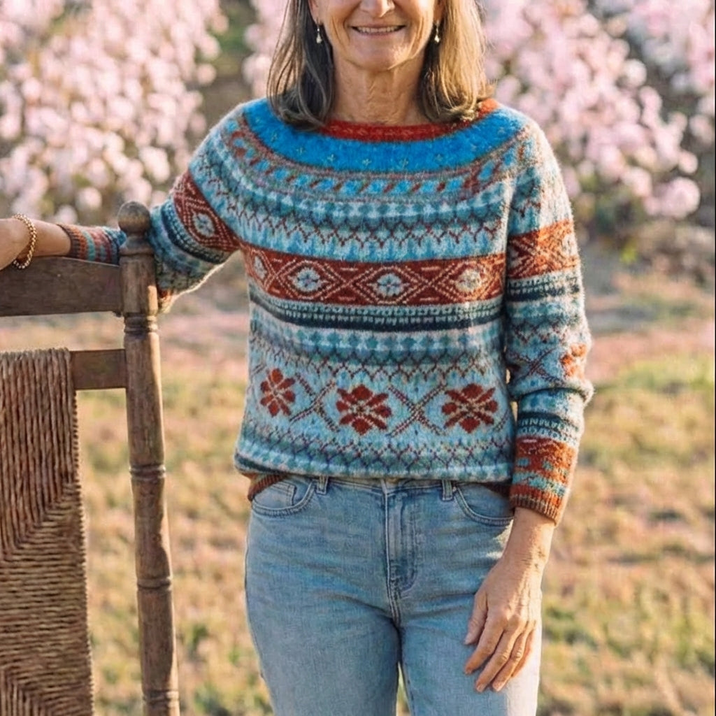 Cotton Sweater Blue-Red with Fair Isle Bands