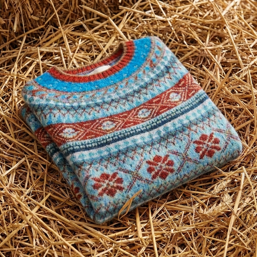 Cotton Sweater Blue-Red with Fair Isle Bands