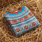 Cotton Sweater Blue-Red with Fair Isle Bands
