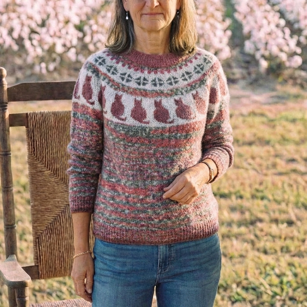 Cotton Sweater with Cats Nordic Pattern