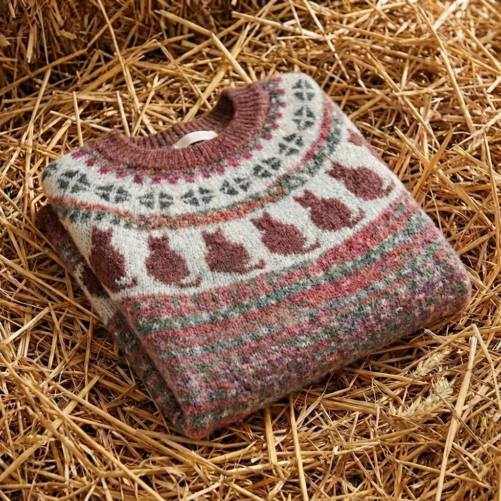 Cotton Sweater with Cats Nordic Pattern