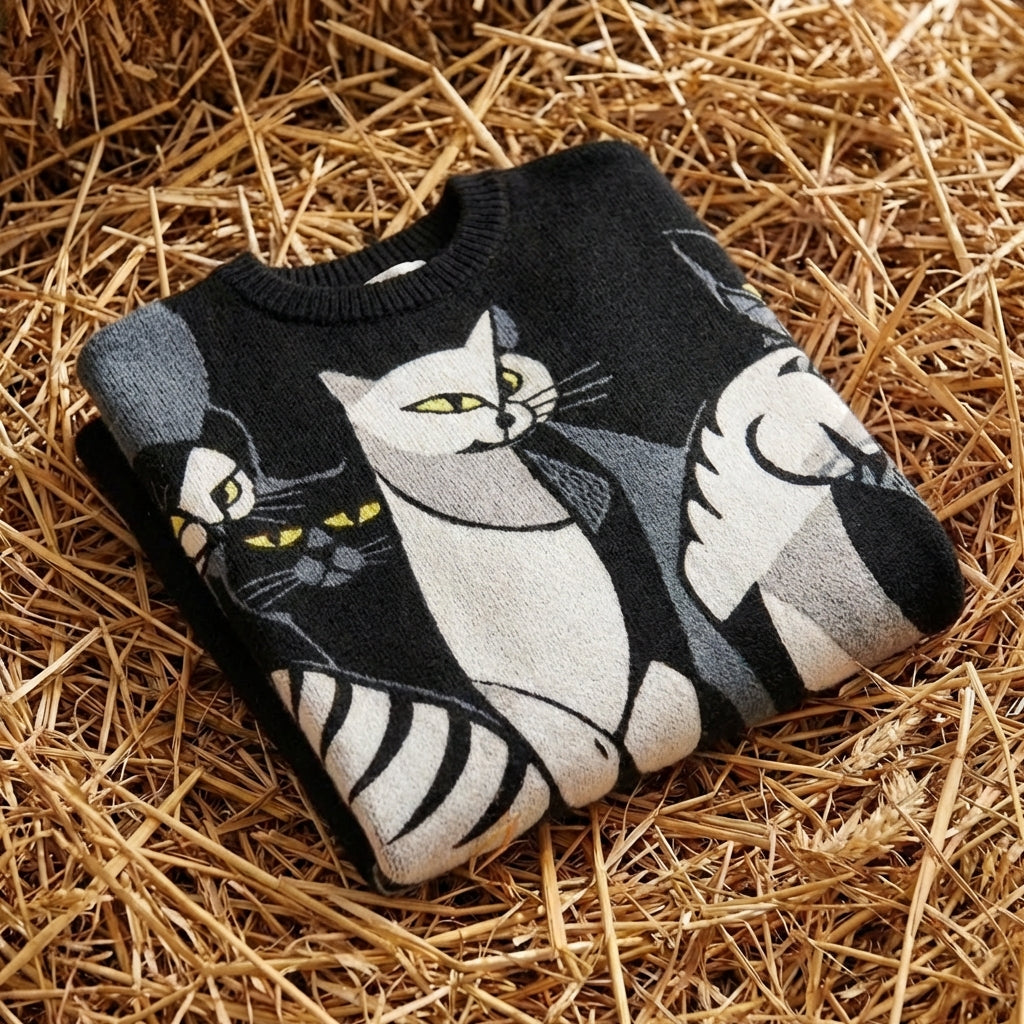 Cotton Sweater Black with Cat Design