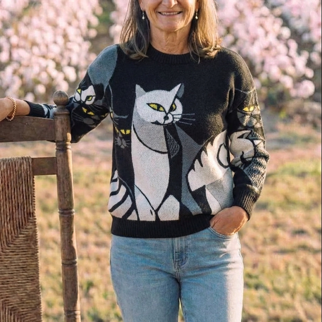 Cotton Sweater Black with Cat Design