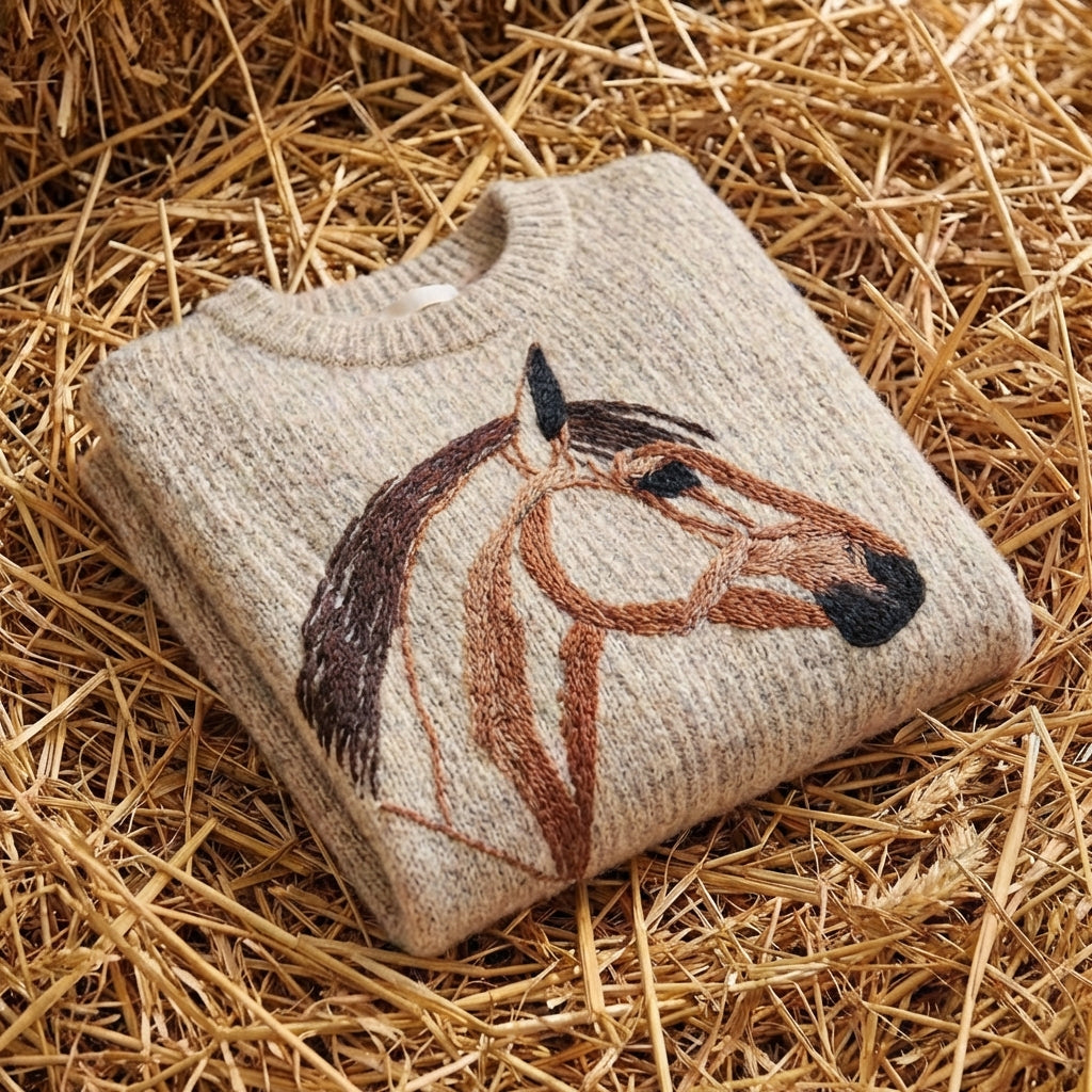 Cotton Sweater Cream with Horse Design