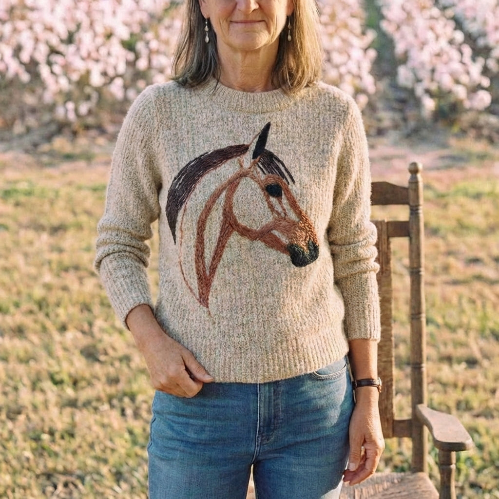 Cotton Sweater Cream with Horse Design