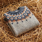 Cotton Sweater Gray with Geometric Nordic Pattern