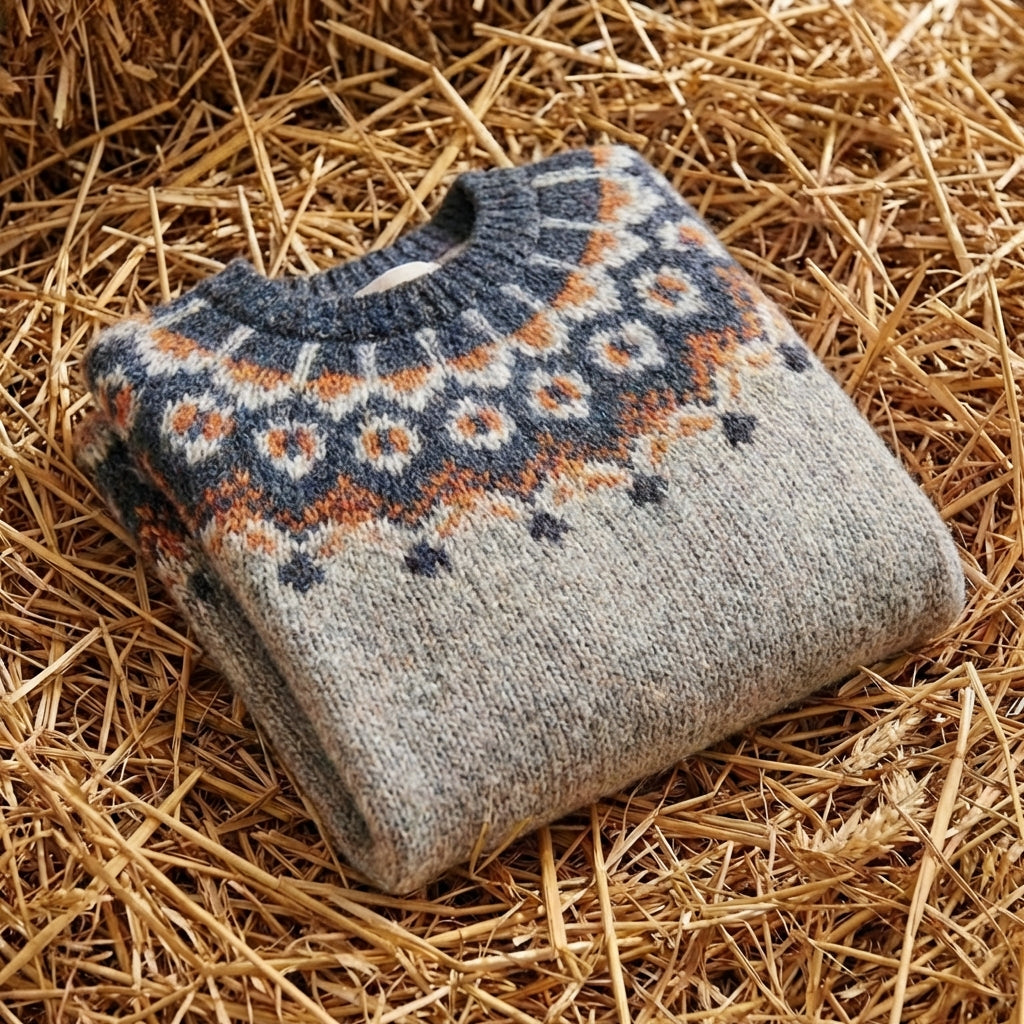 Cotton Sweater Gray with Geometric Nordic Pattern