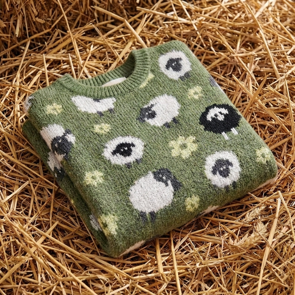 Cotton Sweater Green with Sheep Pattern